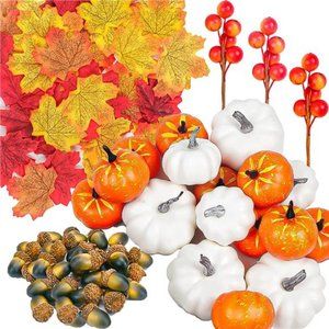 151 Pcs Artificial Pumpkin, Fake Gourds Pumpkin Autumn Maple Leaves Thanksgiving